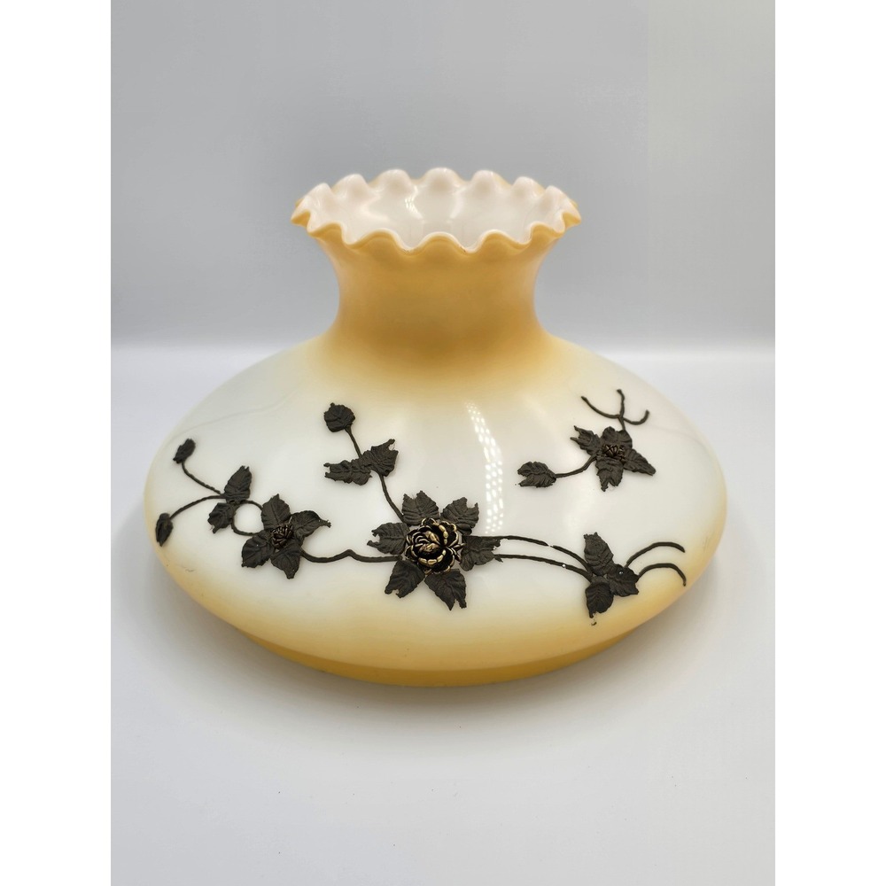 Vintage Frosted Glass Lamp Shade Amber Tint Floral Applique Ruffled‎ Rim, large